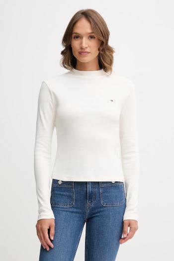 Bavlnené tričko s dlhým rukávom Tommy Hilfiger béžová farba, s polorolákom, WW0WW47307