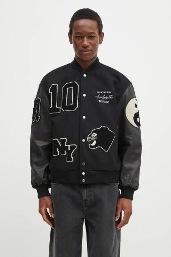 Vlnená bunda bomber MKI MIYUKI ZOKU Patch Varsity čierna farba, prechodná, PATCH.VARSITY.BLACK