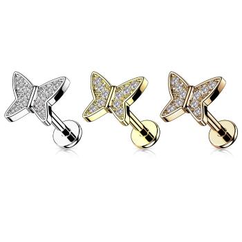 Piercing do pery a brady z ocele - motýľ s čírymi zirkónmi, vnútorný závit, 8 mm - Farba: Zlatá
