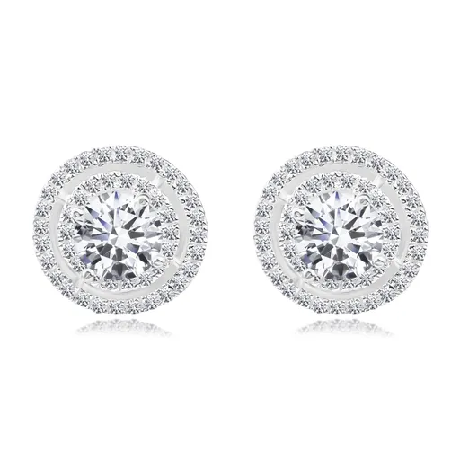 Strieborné 925 náušnice - vyvýšený číry zirkón, dvojitá zirkónová obruba