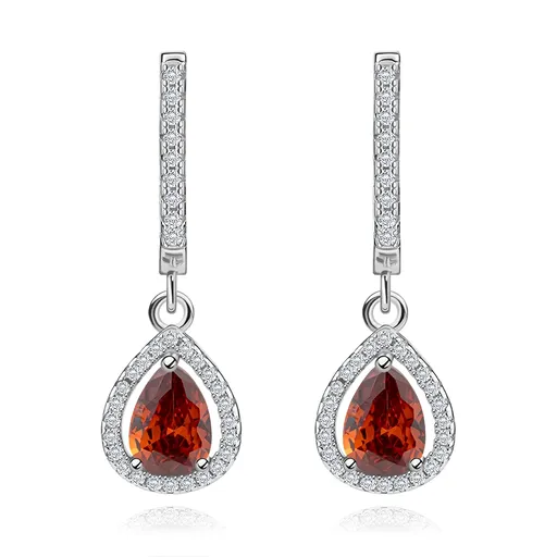 Náušnice zo striebra 925, červený slzičkový zirkón, trblietavý obrys