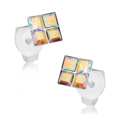 Puzetové náušnice zo striebra 925, štvorček z dúhových Swarovského krištáľov