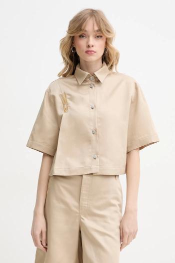 Košeľa s prímesou ľanu Moschino Jeans dámska, béžová farba, regular, s klasickým golierom, 0207 3716