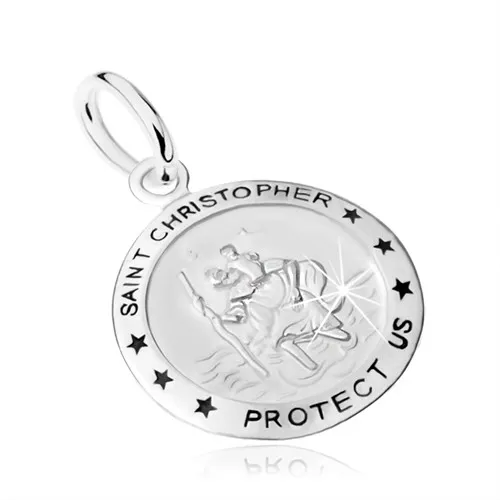 Strieborný prívesok 925, medailón so sv. Krištofom, nápis, hviezdy