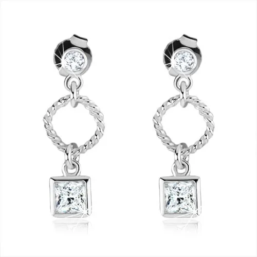 Strieborné náušnice 925, obrys kosoštvorca, číry zirkónový štvorec