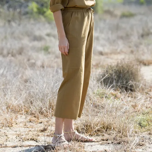 Široké 7/8 nohavice s vreckami, zo zmesi bavlny a ľanu