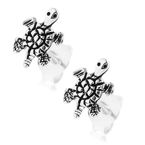 Náušnice zo striebra 925, gravírovaná korytnačka, patinovaný povrch