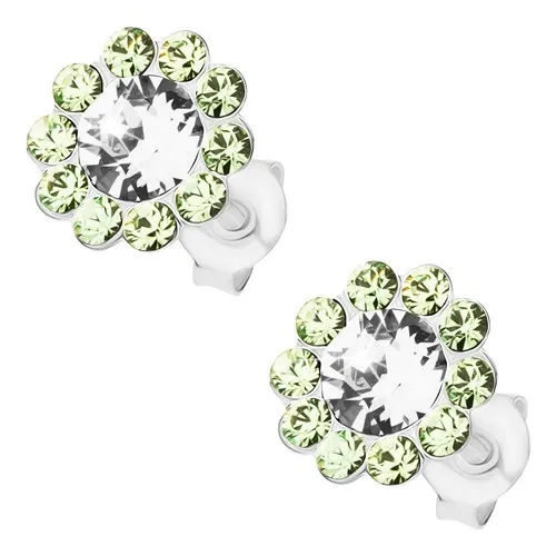 Náušnice zo striebra 925, ligotavý kvietok, číry a svetlozelené Preciosa krištále