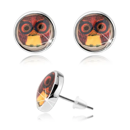 Náušnice kabošon, glazúra, puzetky, obrázok múdrej sovy