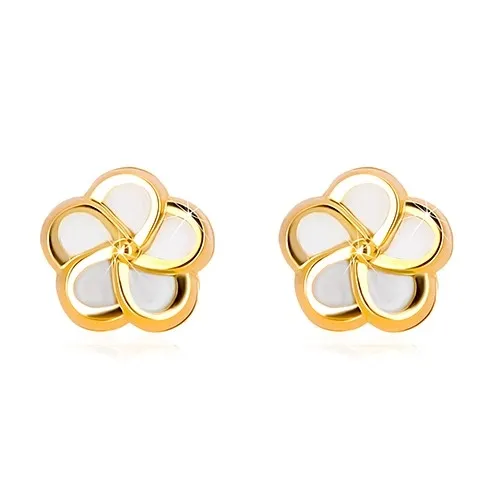 Náušnice v 14K žltom zlate - kvet s piatimi lupeňmi a prírodnou perleťou