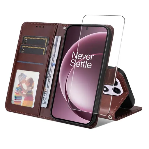 ENKAY PREMIUM SET Peňaženkové puzdro a ochranné sklo OnePlus 15 hnedé