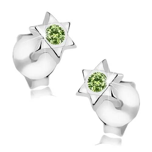 Strieborné 925 náušnice, Dávidova hviezda, okrúhly zelený Swarovski krištáľ