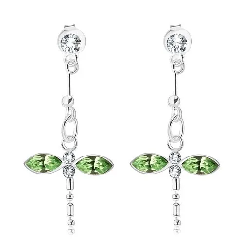 Visiace náušnice, striebro 925, vážka so zelenými a čírymi krištáľmi Swarovski