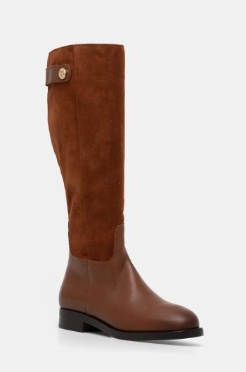 Kožené čižmy Tommy Hilfiger TH STUD LEATHER MIX LONG BOOT dámske, hnedá farba, na plochom podpätku, FW0FW08341
