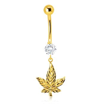 Piercing zo 14K žltého zlata do bruška - ligotavý marihuanový list, trblietavý okrúhly zirkón