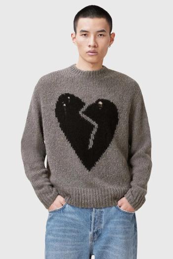 Vlnený sveter AllSaints LUVHEART pánsky, šedá farba, teplý, M001KC