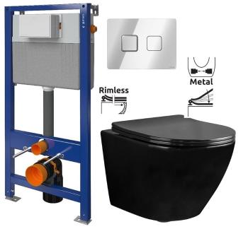 CERSANIT/S - CERSANIT POD. SYSTÉM AQUA 52 PNEU S QF + TLAČÍTKO SQUARE CHROM + WC REA CARLO MINI RIMFLESS ČERNÁ  + SEDADLO S97-062 SQCR CL1