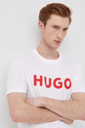 Bavlnené tričko HUGO pánske, biela farba, s potlačou, 50467556