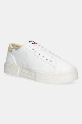 Tenisky Tommy Jeans FLATFORM CANVAS SNEAKER dámske, biela farba, EN0EN02792