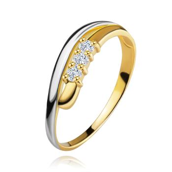 Briliantový prsteň v 14K zlate, zvlnené dvojfarebné línie ramien, tri číre diamanty - Veľkosť: 61 mm