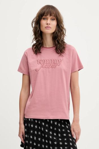 Bavlnené tričko Tommy Jeans dámske, ružová farba, DW0DW21388