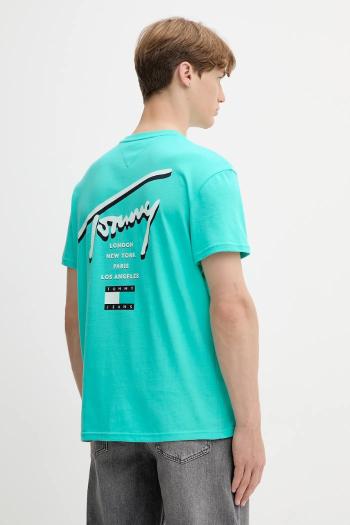 Bavlnené tričko Tommy Jeans pánske, tyrkysová farba, s potlačou, DM0DM21934