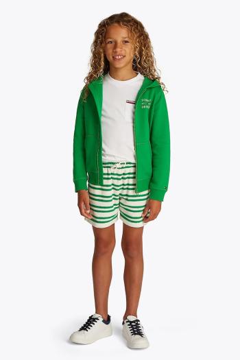 Detská mikina Tommy Hilfiger zelená farba, s kapucňou, s potlačou, KB0KB09568