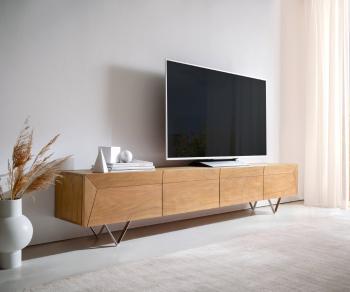 TV stolík Kayu 220 cm prírodná akácia 4 dvierka podstava v tvare V