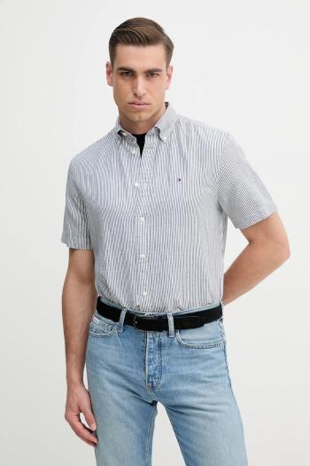 Košeľa s prímesou ľanu Tommy Hilfiger pánska, tmavomodrá farba, regular, s golierom button-down, MW0MW39155
