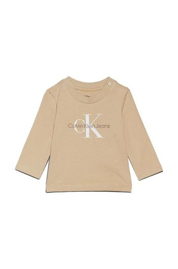 Detské tričko s dlhým rukávom Calvin Klein Jeans béžová farba, IN0IN00005