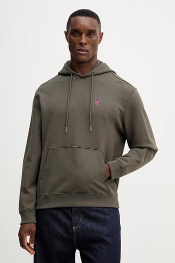 Bavlnená mikina Calvin Klein Jeans zelená farba, s kapucňou, jednofarebná, LV04RC297G