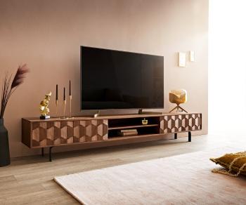 TV stolík Fevo 240 cm akáciová hnedá 4 dvierka podstavec v tvare L