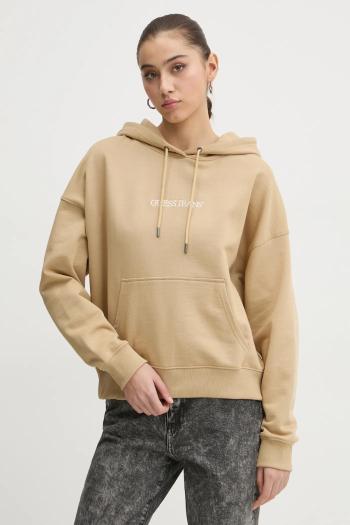 Bavlnená mikina Guess Jeans dámska, béžová farba, s kapucňou, s nášivkou, W5RQ27 K68I4