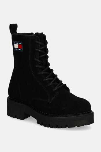Členkové topánky Tommy Jeans TJW URBAN LACE UP SUEDE dámske, čierna farba, na plochom podpätku, EN0EN02630