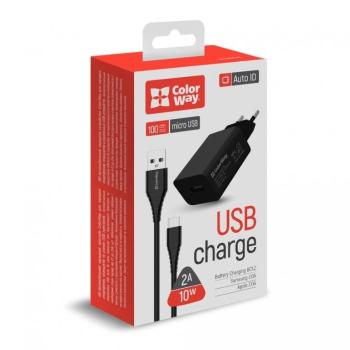 COLORWAY USB CHARGER 1USB AUTO ID 2A (10W) + CABLE MICRO USB BLACK (CW-CHS012CM-BK)