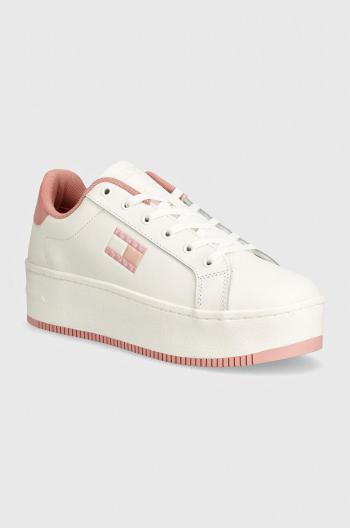 Kožené tenisky Tommy Jeans TJW FLATFORM ESS ružová farba, EN0EN02518