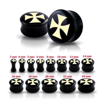 Čierny sedlový plug do ucha s maltézskym krížom - Hrúbka: 6 mm 
