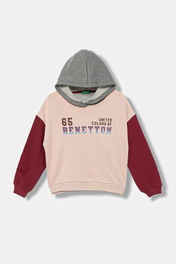 Detská bavlnená mikina United Colors of Benetton ružová farba, s kapucňou, s potlačou, 3J68C204W