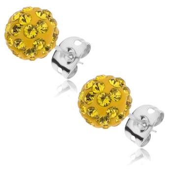 Náušnice Shamballa, oceľová puzetka, gulička, žiarivo žlté zirkóny, 8 mm