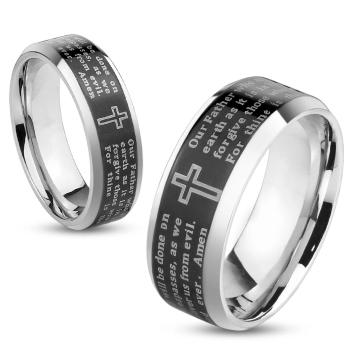 Obrúčka z ocele, strieborná farba, čierny pásik s modlitbou Otčenáš, 6 mm - Veľkosť: 56 mm
