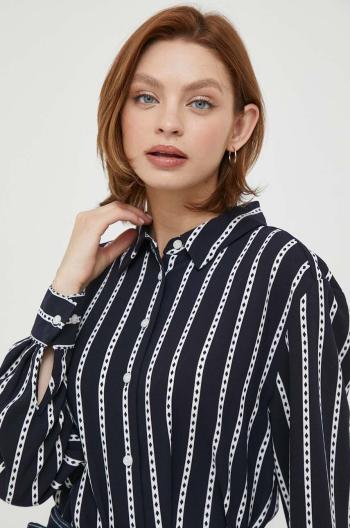Košeľa Tommy Hilfiger dámska, tmavomodrá farba, voľný strih, s klasickým golierom