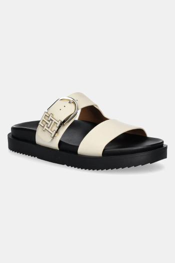 Kožené šľapky Tommy Hilfiger LEATHER SPORTY MULE dámske, béžová farba, FW0FW08512