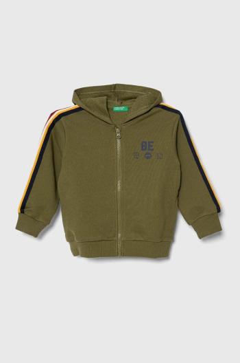 Detská bavlnená mikina United Colors of Benetton zelená farba, s kapucňou, s potlačou