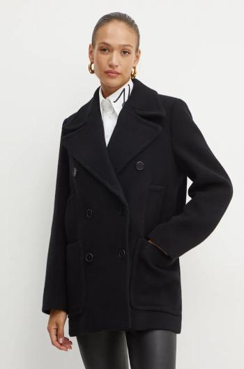 Vlnený kabát Karl Lagerfeld čierna farba, prechodný, dvojradový, 246W1508
