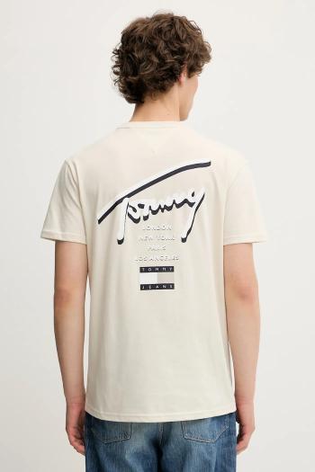Bavlnené tričko Tommy Jeans pánske, béžová farba, s potlačou, DM0DM21934