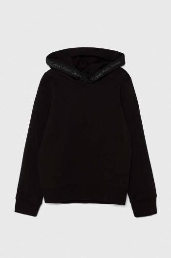 Detská mikina Calvin Klein Jeans čierna farba, s kapucňou, s potlačou, IB0IB02140