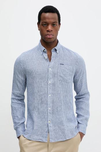 Ľanová košeľa Barbour Linton Tailored Shirt pánska, tmavomodrá farba, slim, s golierom button-down, MSH5325