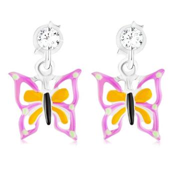 Puzetové strieborné náušnice 925 s krištáľom Swarovski, fialovo-žltý motýlik