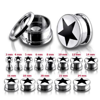 Tunel plug do ucha z chirurgickej ocele, čierna hviezda - Hrúbka: 6 mm 