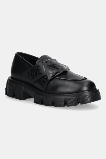 Kožené mokasíny Love Moschino čierna farba, na plochom podpätku, JA10155G1NIAX000
